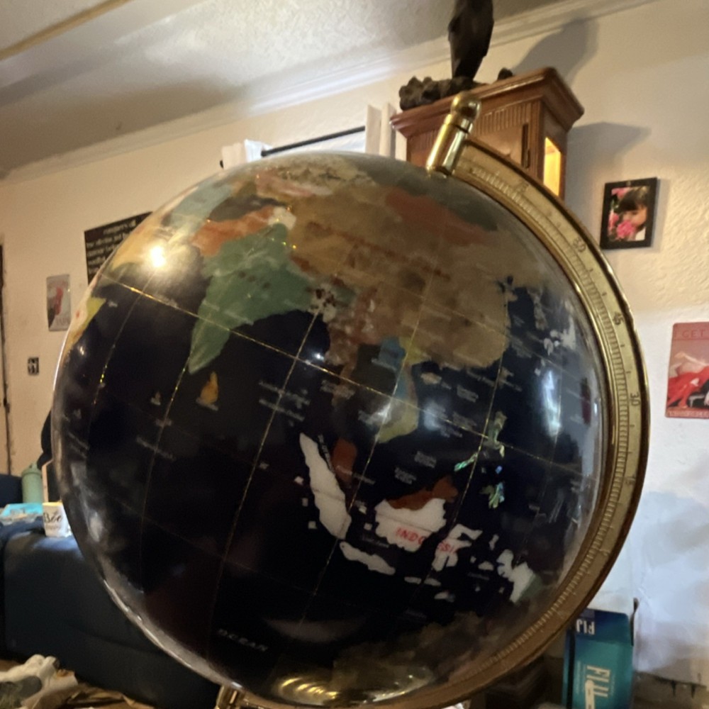 Large Decorative Gemstone Floor Globe with Metal Base, Multicolor, Rotating