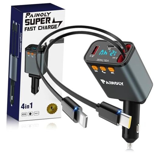 Bluetooth 5.3 FM Transmitter Car Adapter【2025 Compact】 4 in 1 Retractable Car