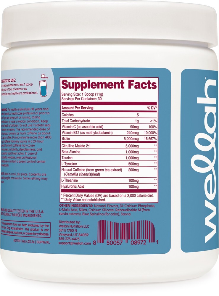Wellah Get-Going Pre-Workout Drink Mix (Blue Raspberry) - 200mg Natural Caffeine