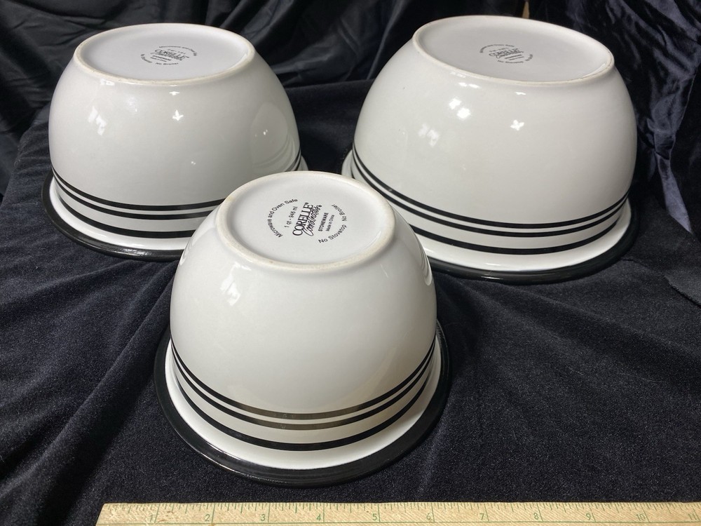 Set 3 Corelle Coordinates Stoneware Mixing Bowls 1,2,3 Quart Black Stripe