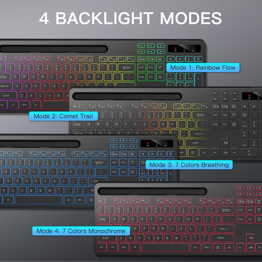 Wireless Keyboard with 7-Color RGB Backlit, Full-Size Computer Keyboard with ...