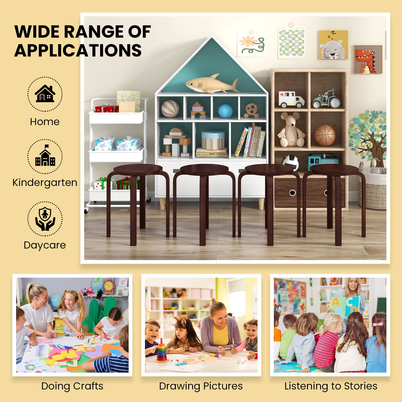 Set of 4 18" Stacking Stool Round Dining Chair Backless Wood Home Decor Brown