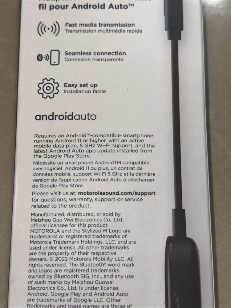 Motorola MA1 Wireless Android Auto Car Direct Plug-in USB Adapter