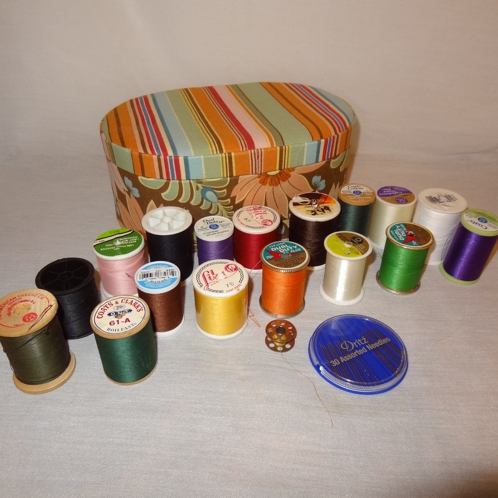 Sewing Box Mixed Lot 17 Thread Spools Different Colors Needles Bobbin