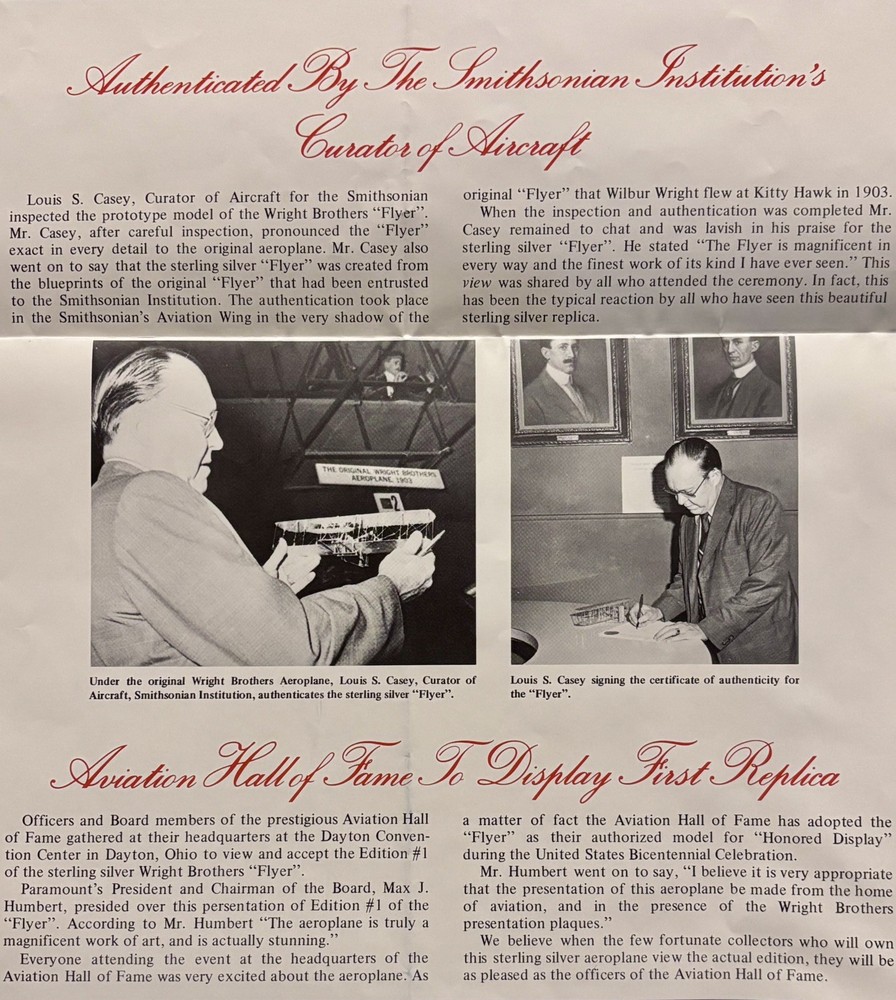 Vintage Wright Brothers 12” Flyer #96 Sterling Silver Model Paramount Classics