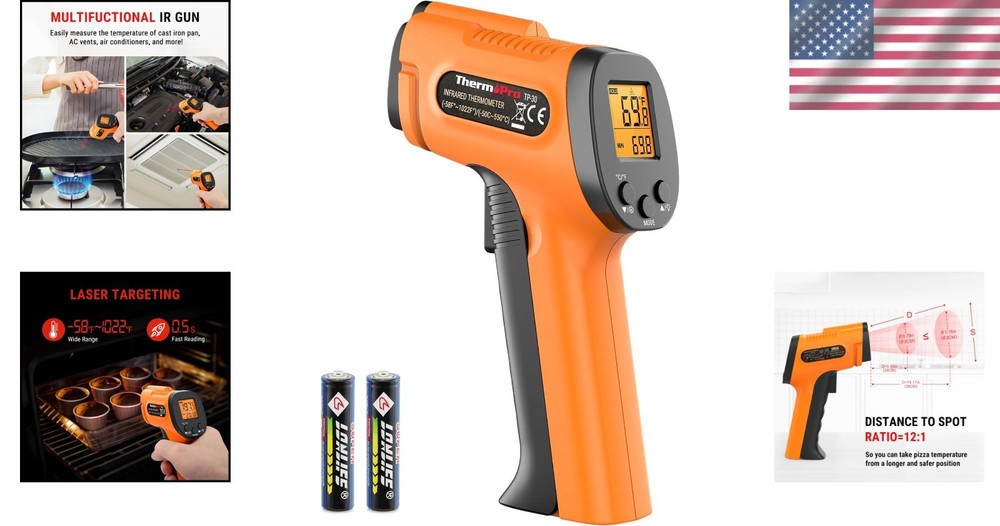 Versatile TP30 Laser Temperature Gun - Adjustable Emissivity - Instant Readings