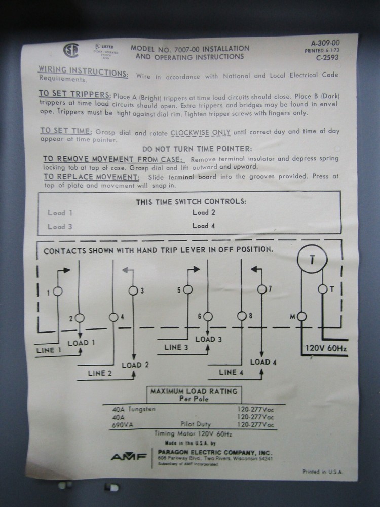 💥PARAGON ELECTRIC TIMER CONTROL 40 AMP 120 VAC 7007-00