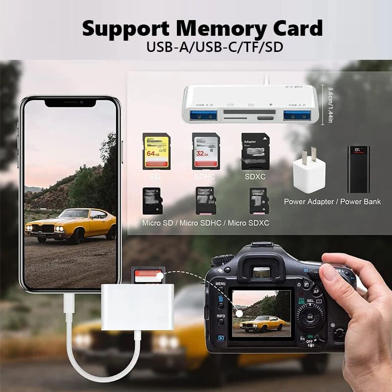 4in1 Memory SD/TF Card Reader USB HUB Adapter iPhone iPad/Android Charge Data US