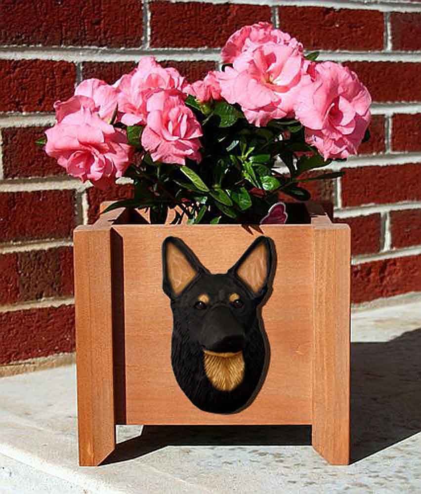 German Shepherd Planter Flower Pot Black w/ Tan Points