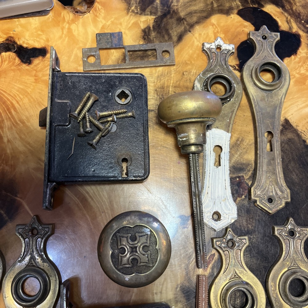 3 Antique Vtg. Victorian Brass Door Knobs, Backplates, Mortise Lock Sets