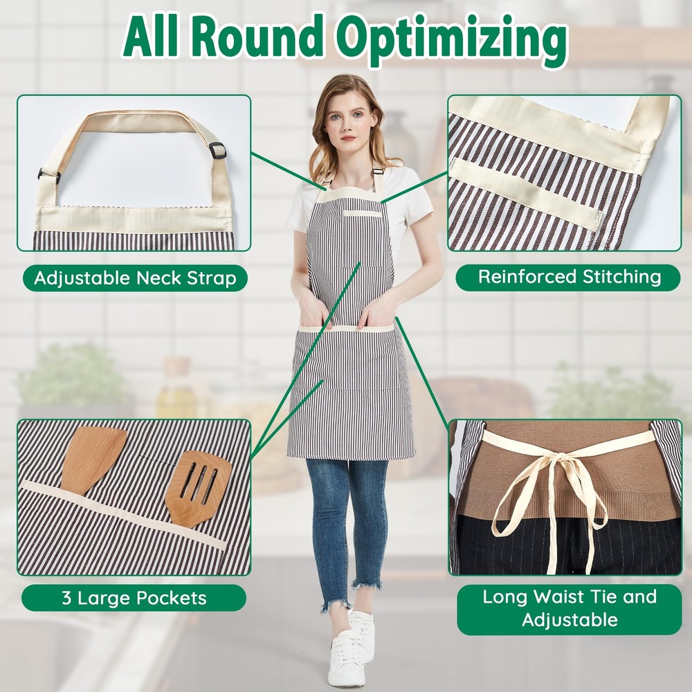 2 Pack Stripe Kitchen Apron, Adjustable Bib Apron with 3 Pockets, Chef Aprons...