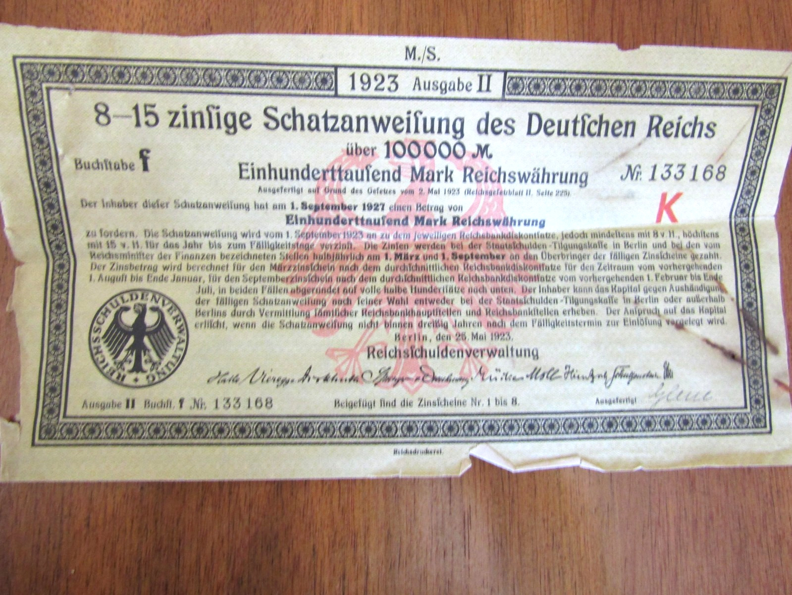 1923 8-15 zinfige Schatzanweifung des Deutfchen Reichs 1000000 German Bond