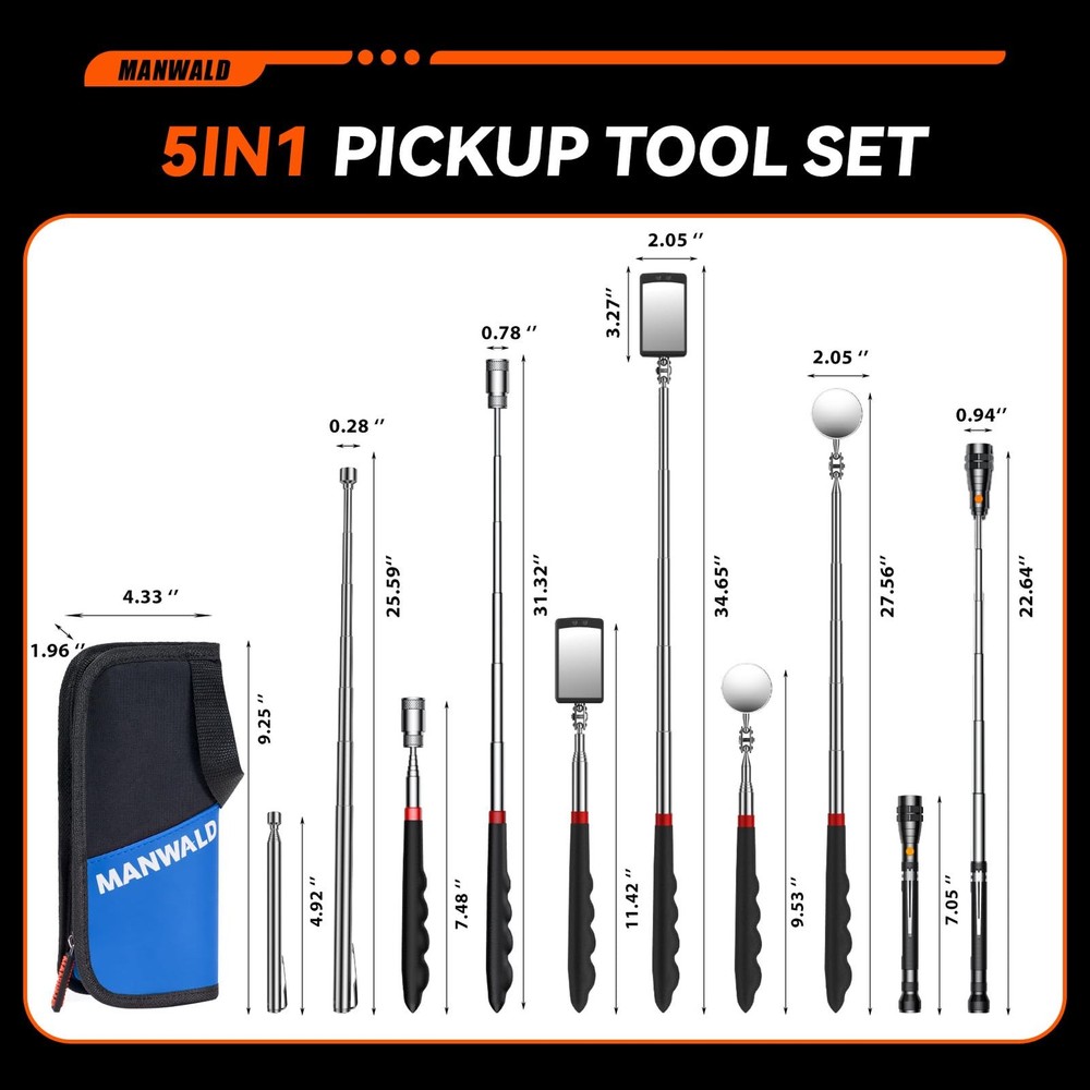 Telescoping Magnetic Pickup Tool Set with Portable Bag, Extendable Flashlight...