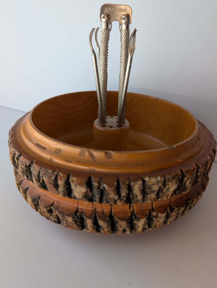 Vintage Rusticware Nut Bowl Set With Edge Tree Bark Nutcracker