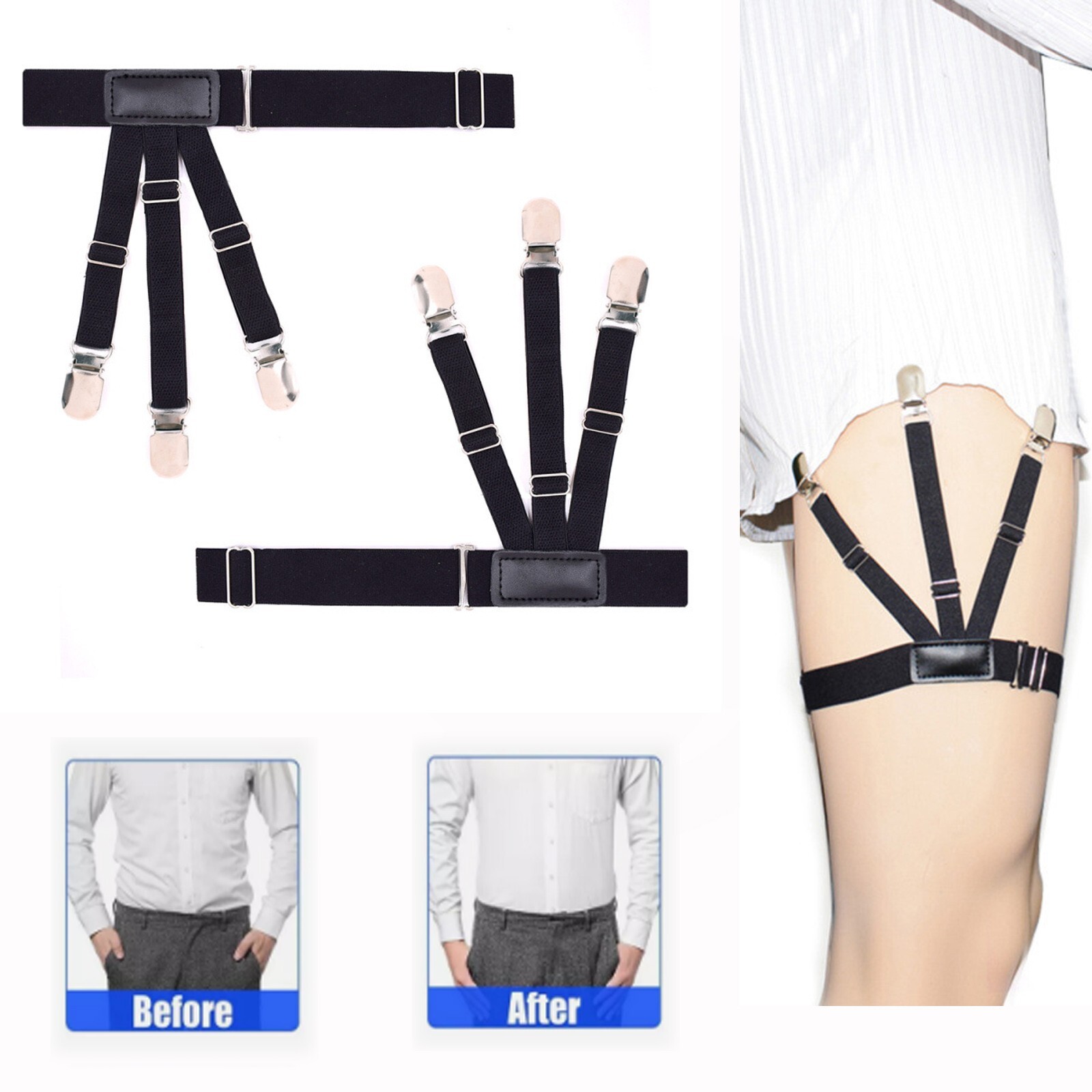 1 Pair Men's Shirt Stay Holder Leg Thigh Suspender Elastic Garter Non-Slip Black