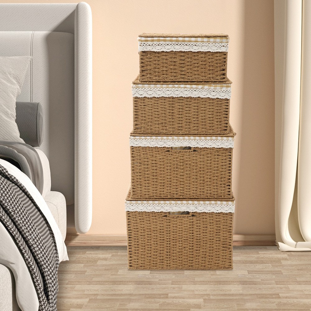 4 Pieces Light Brown Rustic Rectangular Woven Baskets With Handles Lace Lid