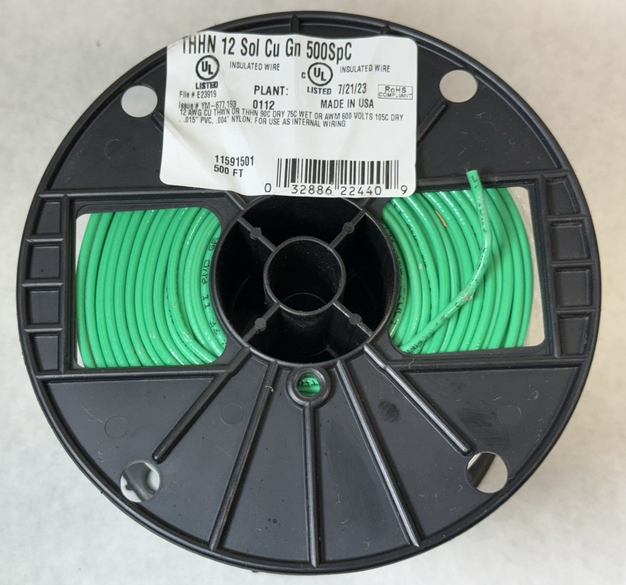 NEW Southwire 11591501 THHN Building Wire Solid Cu, 12 AWG, Green, 500 ft.