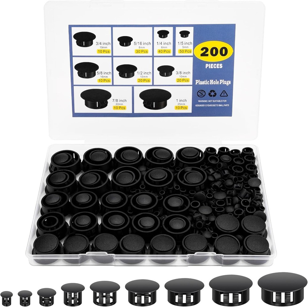 200Pcs 9 Sizes Nylon Plastic Hole Plugs Round Drill Hole, Flush Type Panel Black