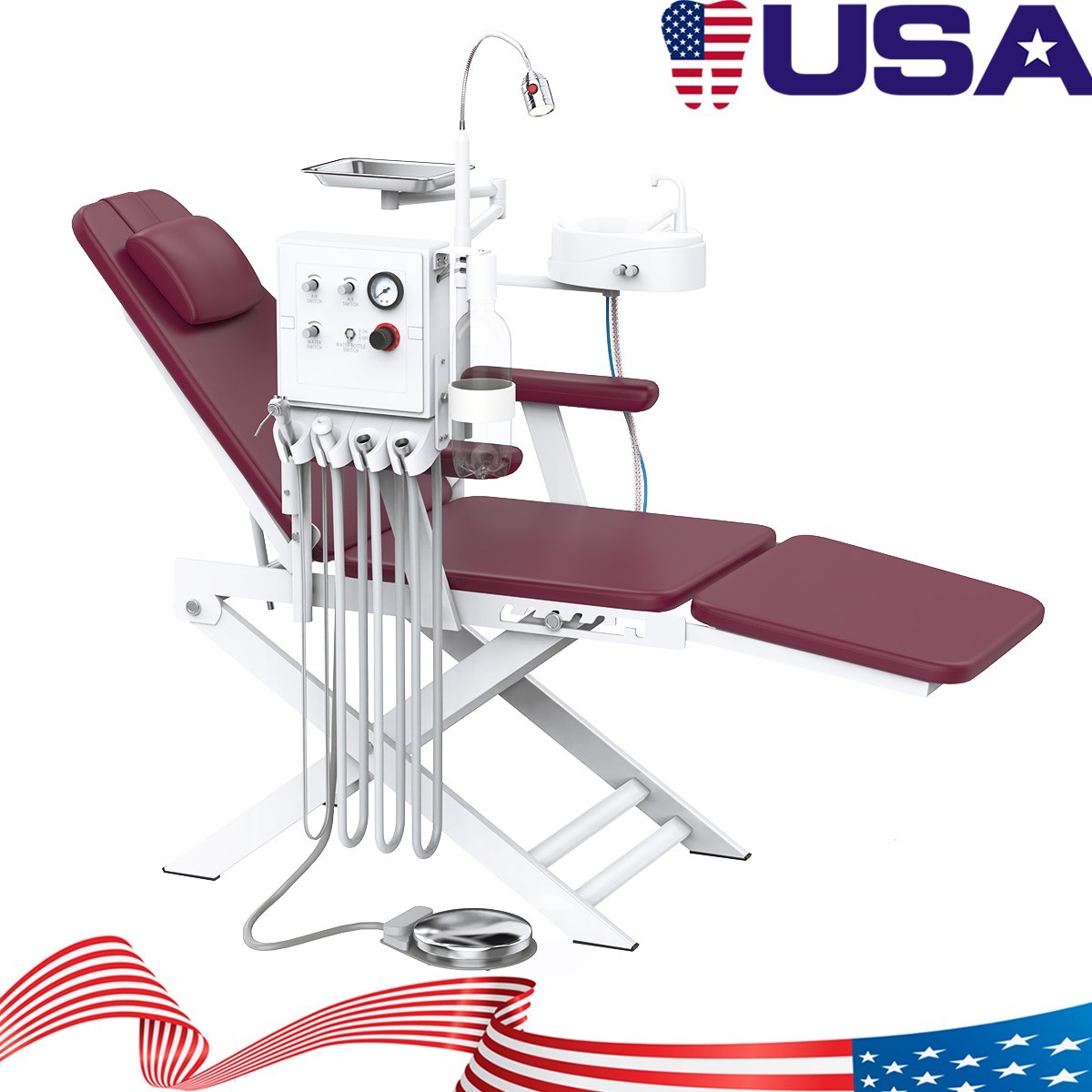 Sillón Dental Portátil Plegable con Unidad de Turbina Luz LED 4 Hole Wine Red