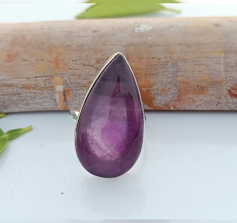 Solid 925 Sterling Silver Natural Amethyst Pear Gemstone Statement Handmade Ring