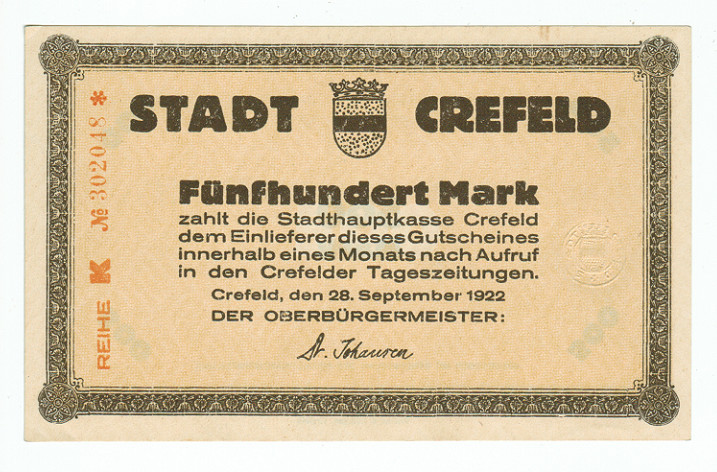GERMANY BANKNOTE 500 MARK STADT-CREFELD 1922