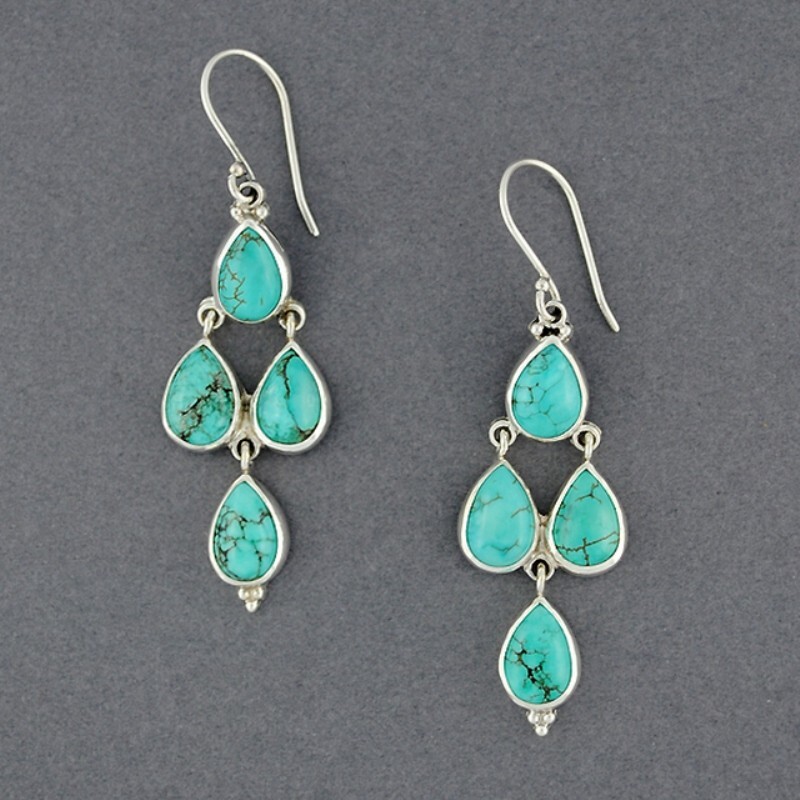 Sterling 925 Silver Pear Shaped Multi Turquoise Stone Handmade Earrings