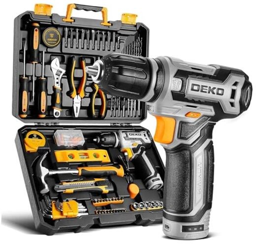Power Drill Tool Set Kit:  Cordless Drill Tool Box with 12V Battery Grey