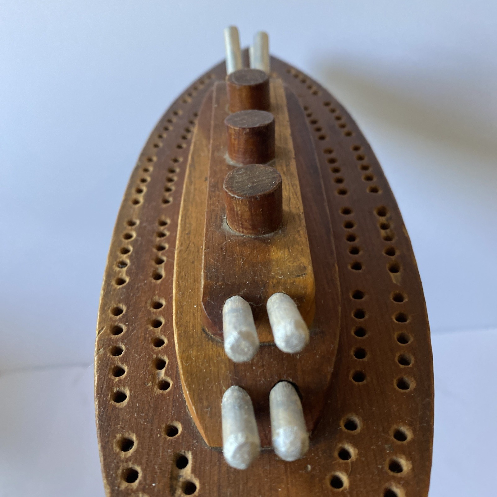 Vintage Folk Art WW2 Trench Art Battleship Cribbage Board Ship