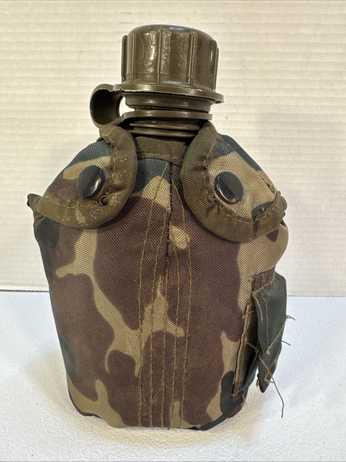 Olive Green Canteen Bottle with Camouflage Pouch Case, Used