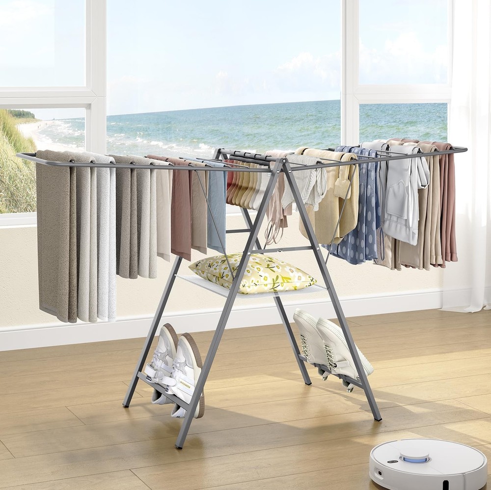 Durable Grey Laundry Drying Rack - Collapsible & Assembly Free for Easy Use