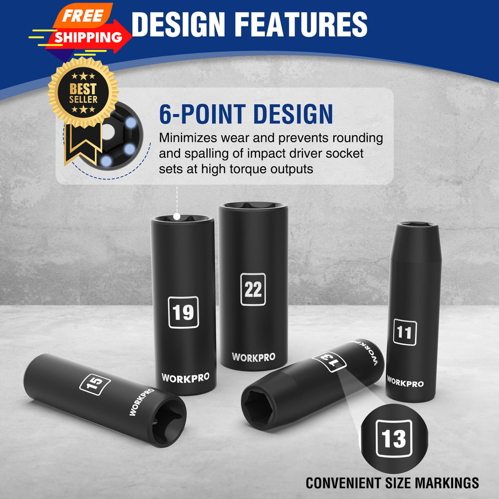 WORKPRO 14-Piece 1/2＂ Drive Deep Impact Socket Set, 6-Point Full Size, Black