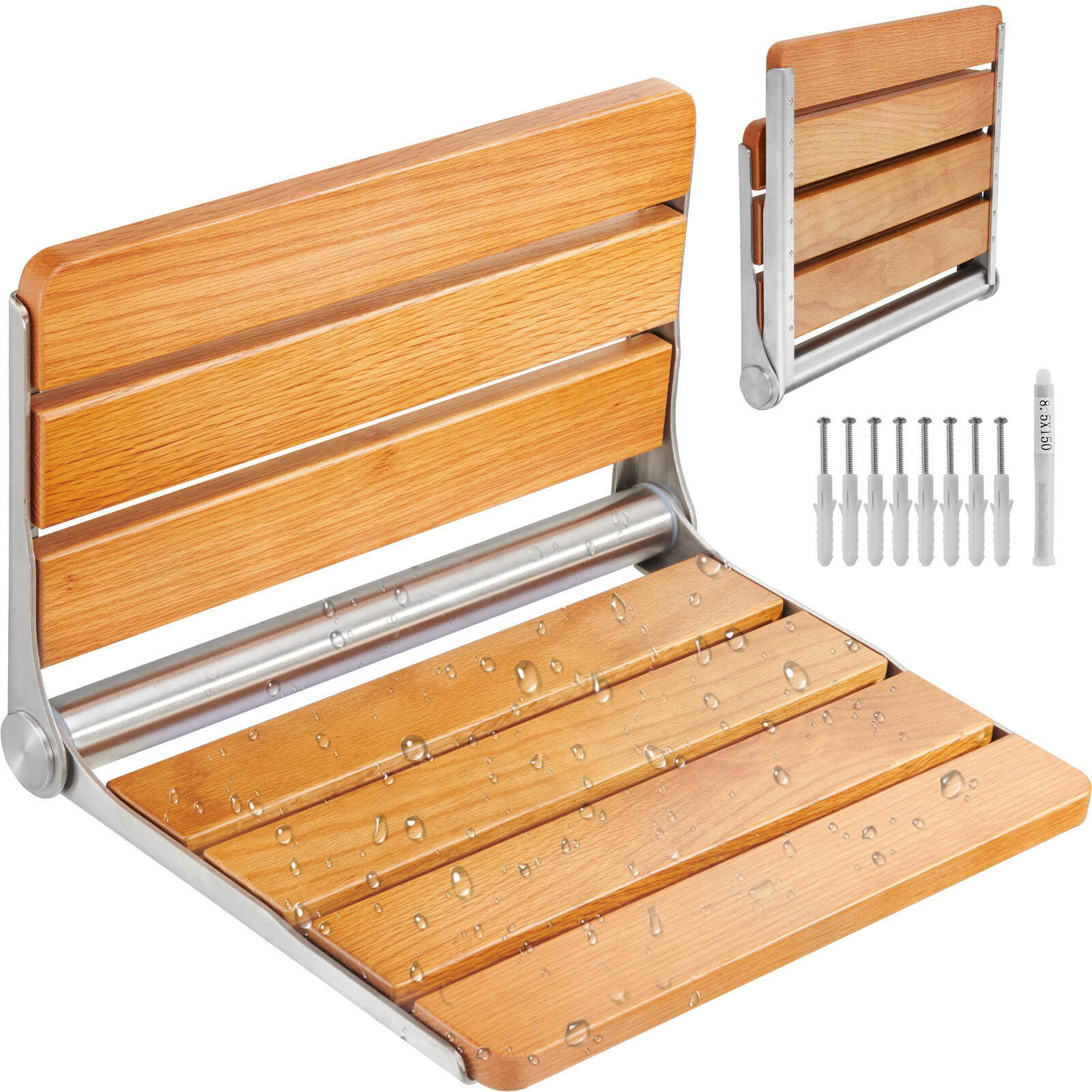 VEVOR 16" Folding Oak Shower Seat Wall Mounted Shower Bench 440lbs Rust-proof