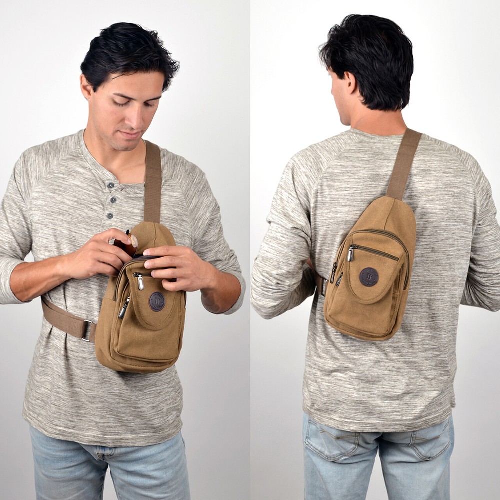 Practical Brown Crossbody Canvas Sling Bag Zip Backpack With Adjustable Strap