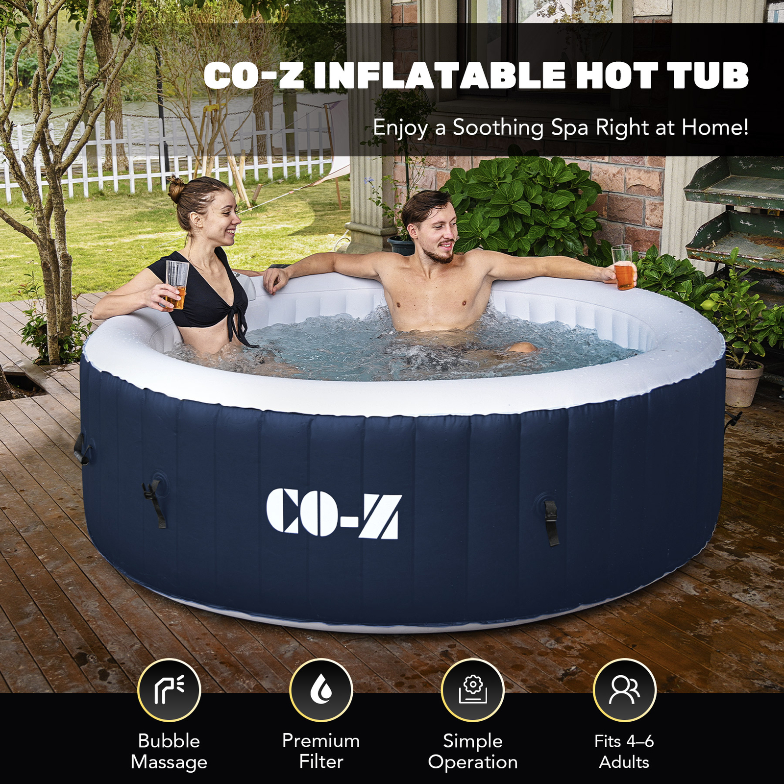 CO-Z Inflatable Spa Tub 6.8x6.8x2 ft. for 6 Person Portable w. Pump, Jet, Cover