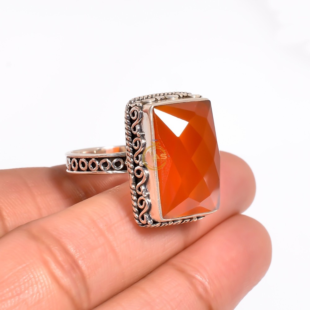 Orange Carnelian Cut Stone Ring 925 Sterling Silver Handmade Statement Boho Ring