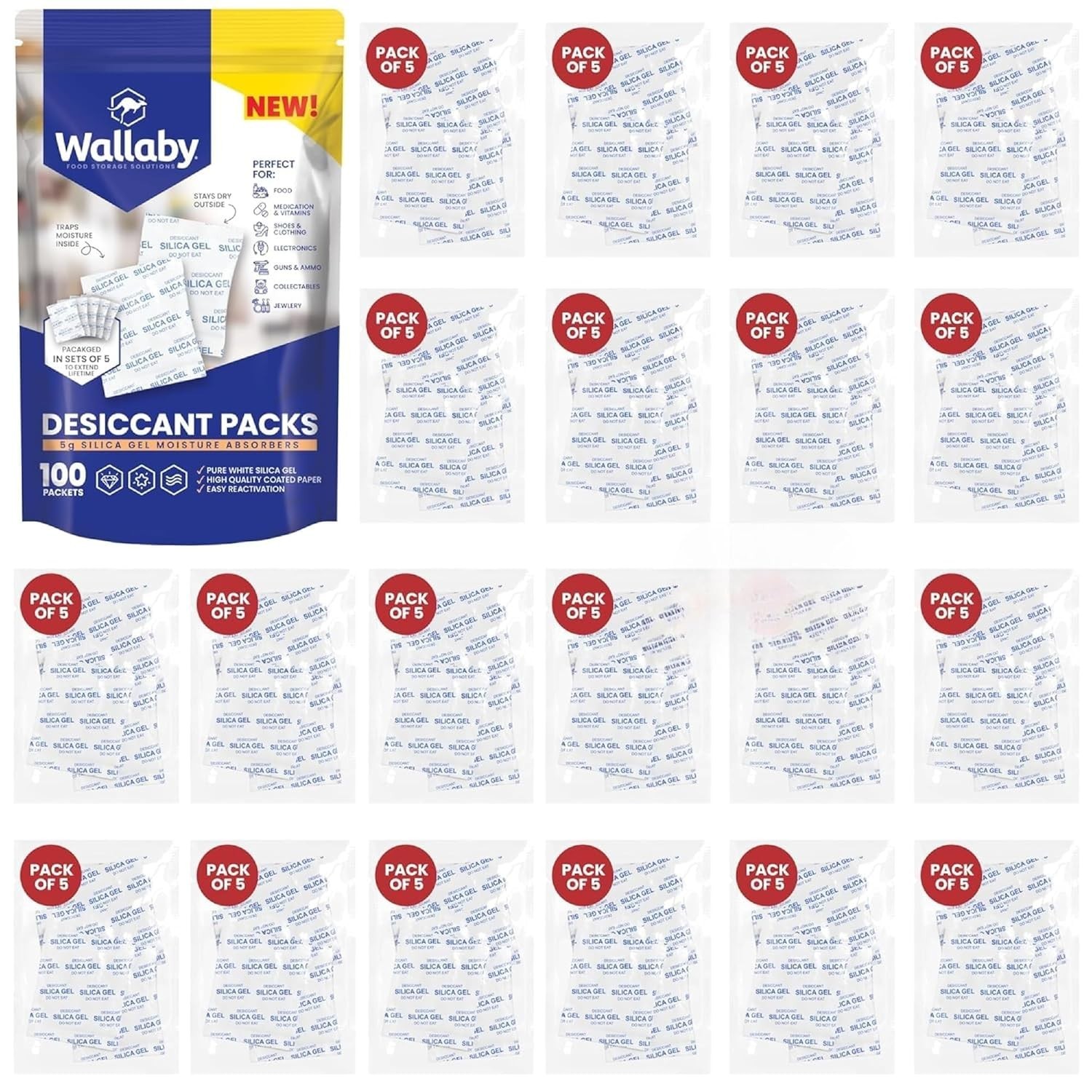 100 Pack 5g Silica Gel Desiccant Moisture Absorber Bags Rechargeable Food Safe