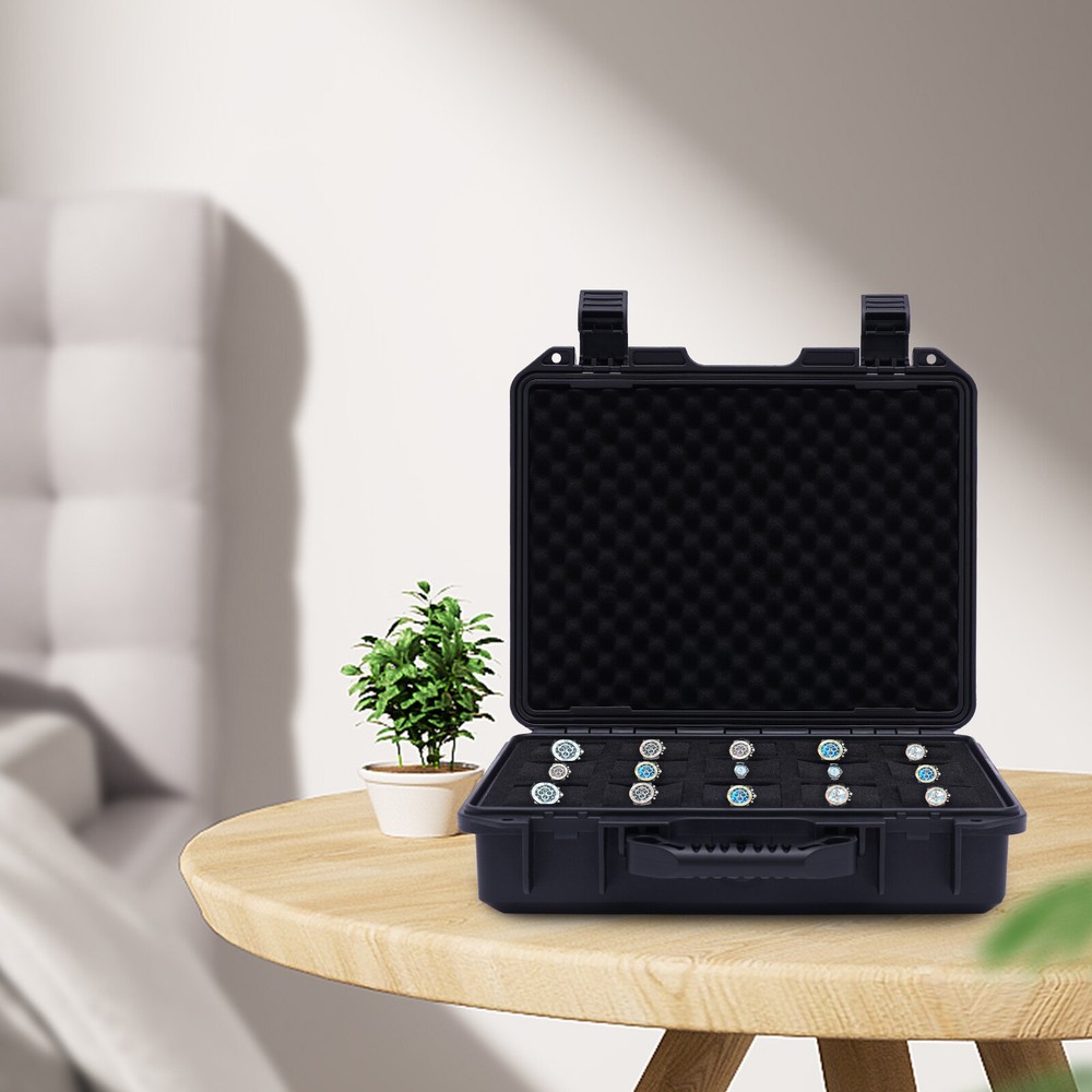 Waterproof Plastic Suitcase Display Storage Case 15 Slots Watch Storage Box Case