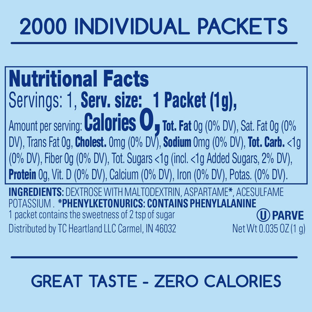 Zero Calorie Aspartame Blue Sweetener Packets, 2000 Count