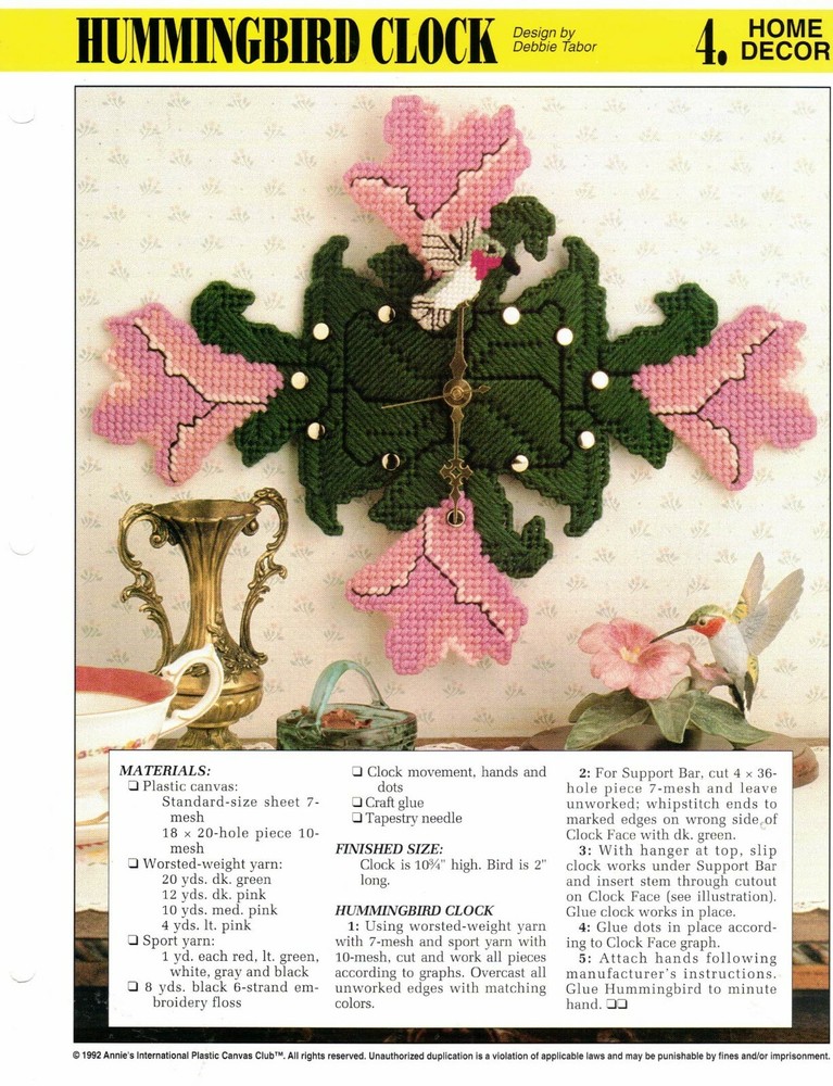 Hummingbird Clock Plastic Canvas Pattern By Annie's Attic