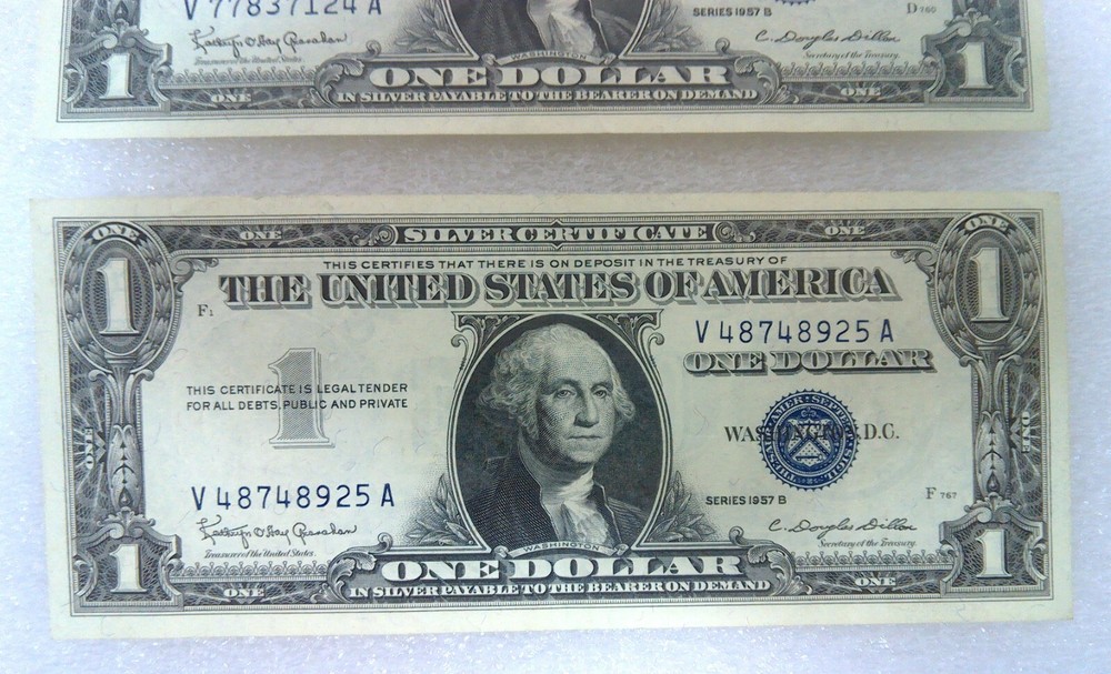 Two (2) Consecutive 1957B One Dollar $1 Bills Silver Certificates Blue Seal