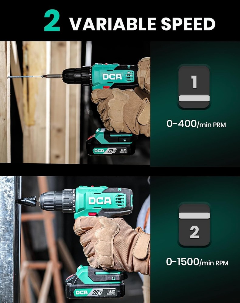 Cordless Drill Driver 20V Power Tool Kit Variable Speed Keyless Chuck Battery In