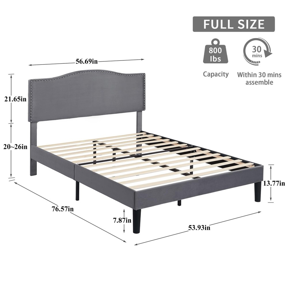 Full Bed Frame, Platform Bed Frame with Adjustable Height Upholstered Headboa...