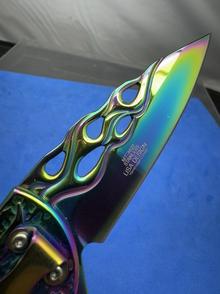 MTECH Assisted Opening Pocket Knife Rainbow Flame Cutout Fire Pattern Blade EDC
