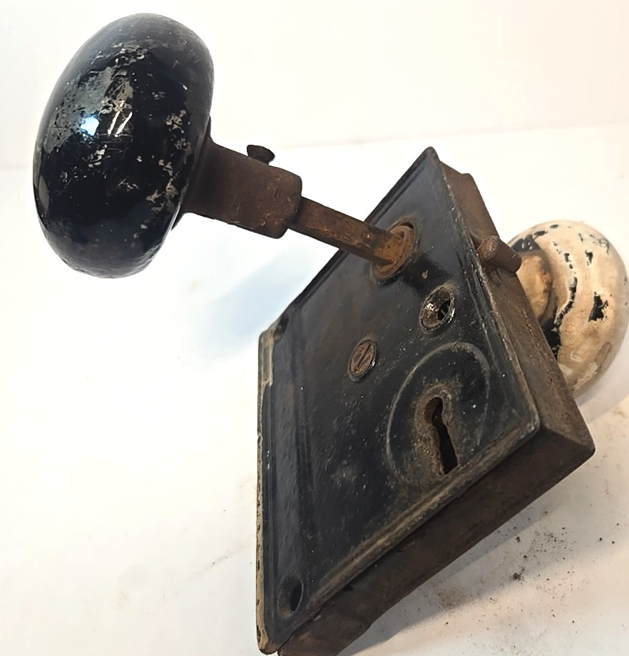 Antique Lock And Door Knobs White Black Enamel Plate Skeleton