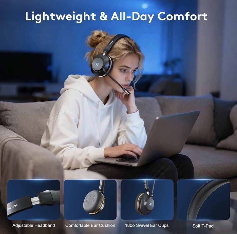 Wireless Headset with Mic for Work,6.0 Bluetooth Headset with Microphone,45 H...