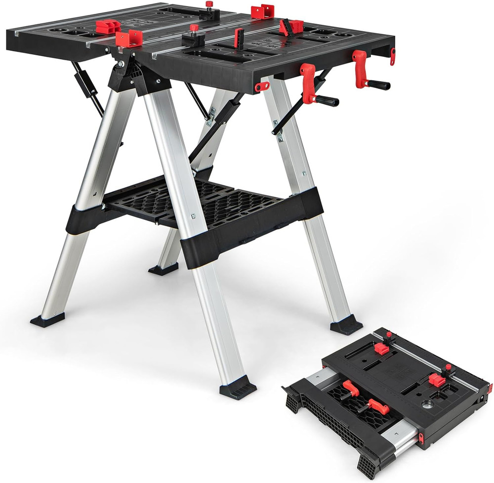 IRONMAX Folding Work Table, 2-In-1 Height Adjustable Workbench & Sawhorse W/Fold