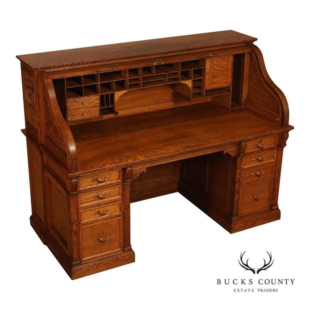Oak Roll Top Desk With Carved 'Reading Hardware Co." Crest Panel