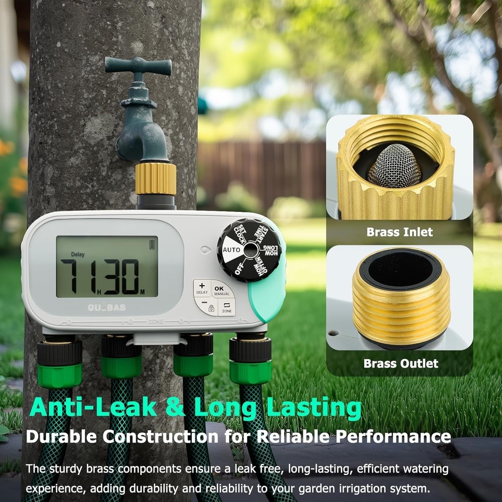 4 Zone Water Timer, Programmable Sprinkler Timer for Garden Hose with Rain Delay