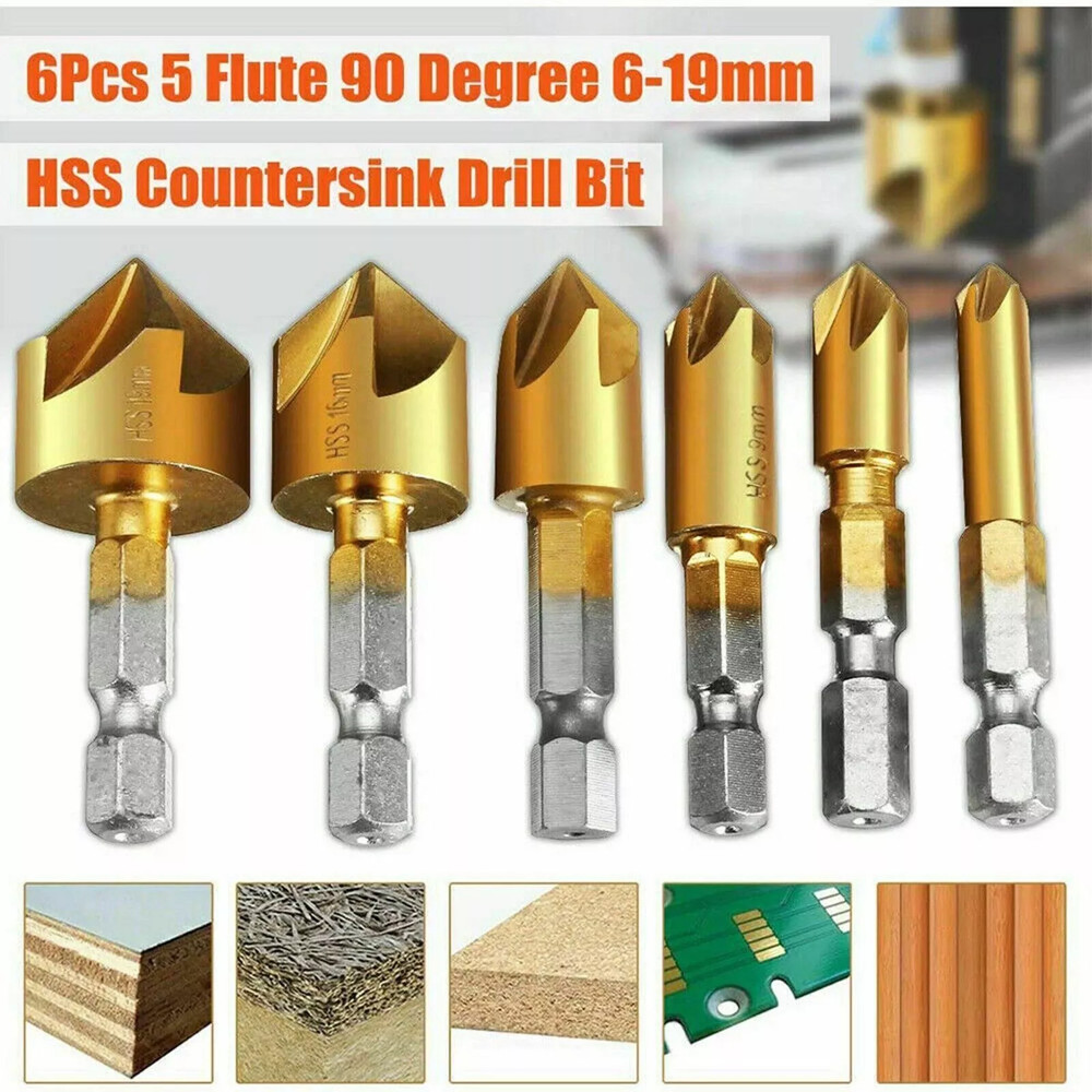 6 x Chamfer Countersink Deburring Drill Bit Set Crosshole Cutting Metal Tool Kit