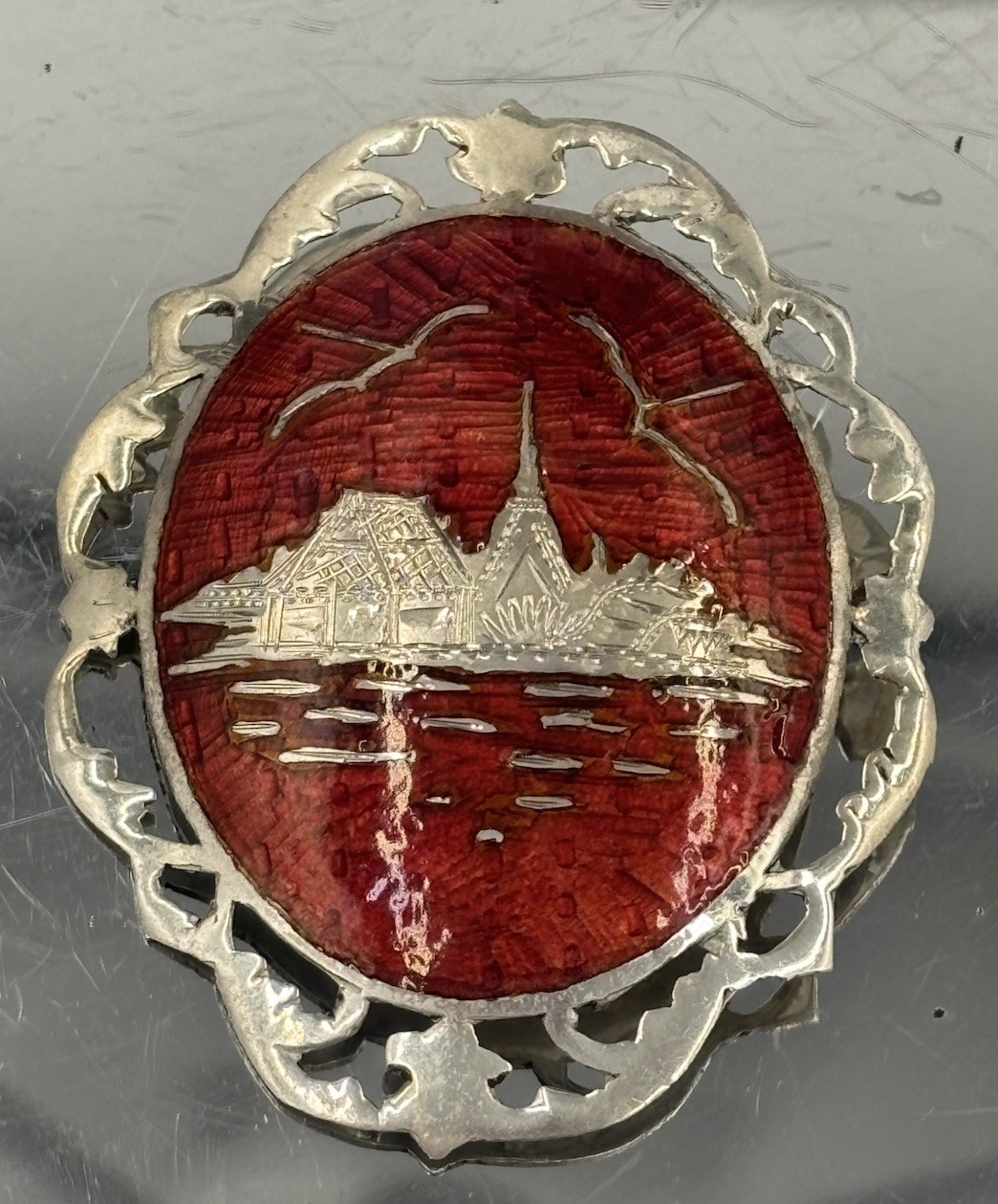 Vintage Siam 925 Sterling Silver Niello Red Enamel Temple Brooch